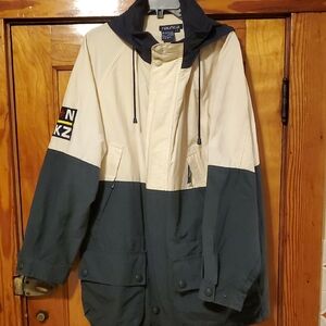 Nautica Men's Hooded Coat in Cream and Blue Large